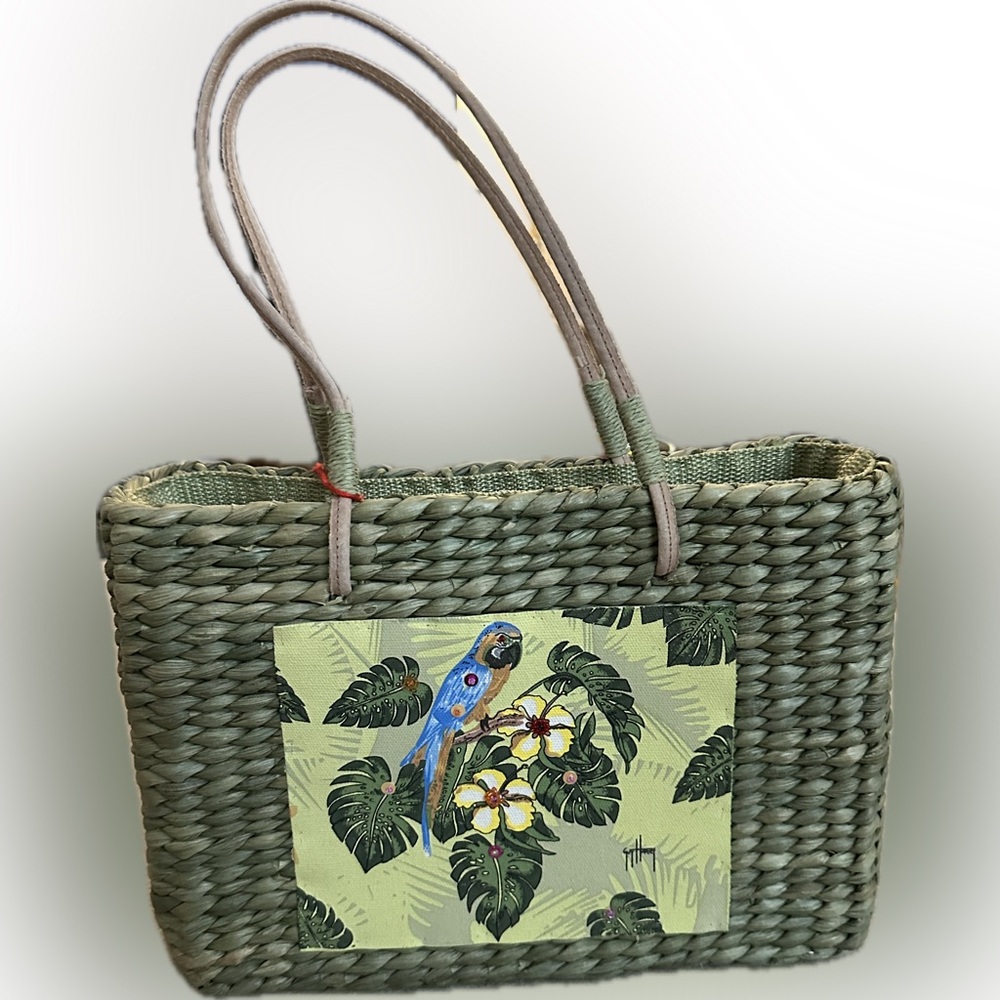 Green Woven Tote Bag with Parrot Print